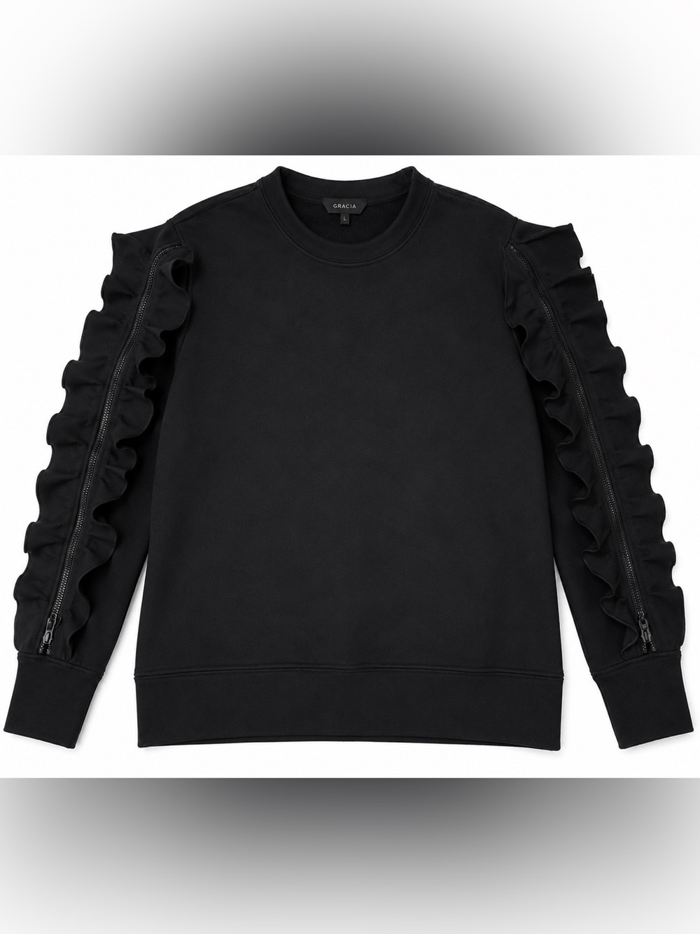 Gracia Black Crewneck Sweater with Ruffle Zipper Sleeves